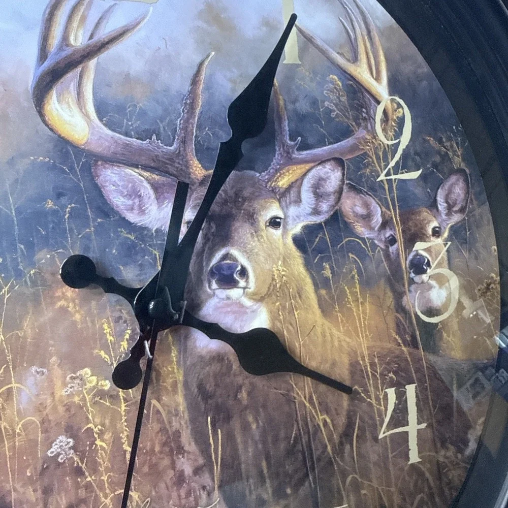 VTG Hayden Lambson Round Deer Wall Clock Buck Doe Hunt Cabin Rustic Lake Farm